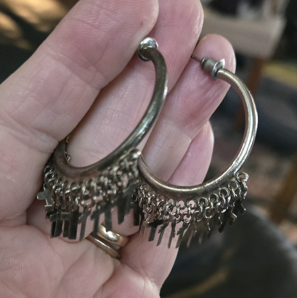 Dolls Kill Silver Hoop Earrings with Cross Charms - Picture 2 of 6